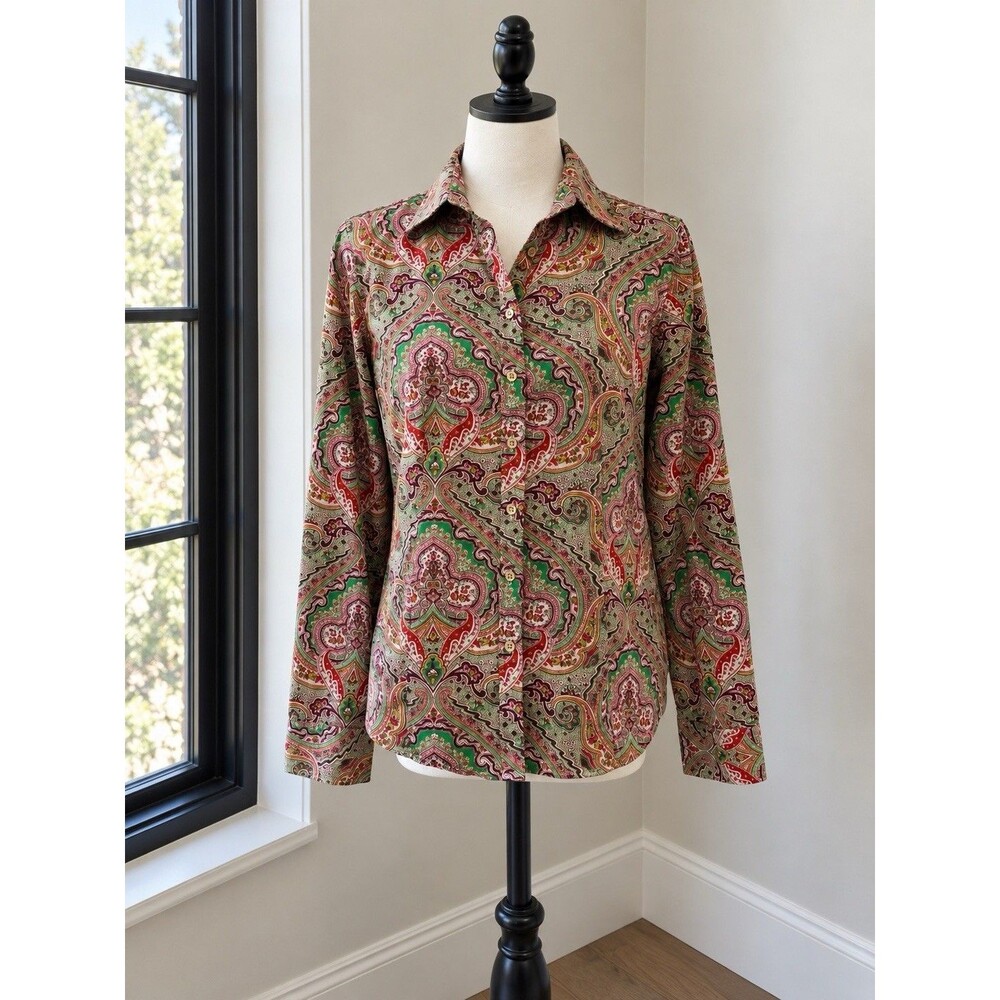 Talbots Green Red Paisley Cotton Button Down Shirt Blouse Women’s Sz 8 Stretch